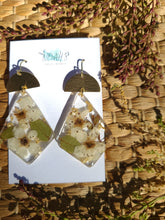 Load image into Gallery viewer, Fall Collection - White Blossom Garden statement dangles, Diamond shape, Hammered brass