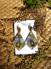 Load image into Gallery viewer, Fall Collection - Viola Garden statement dangles, Diamond shape, Hammered brass top