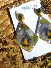 Load image into Gallery viewer, Fall Collection - Viola Garden statement dangles, Diamond shape, Hammered brass top