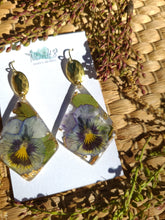 Load image into Gallery viewer, Fall Collection - Viola Garden statement dangles, Diamond shape, Hammered brass top