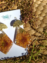 Load image into Gallery viewer, Fall Collection - Chrysanthemum Garden statement dangles, Diamond shape, Hammered brass, Orange