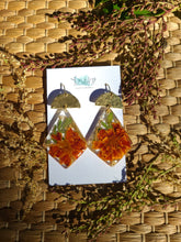 Load image into Gallery viewer, Fall Collection - French Marigold Garden statement dangles, Diamond shape, Hammered brass top, Red