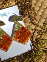 Load image into Gallery viewer, Fall Collection - French Marigold Garden statement dangles, Diamond shape, Hammered brass top, Red