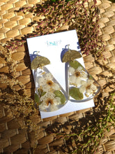 Load image into Gallery viewer, Fall Collection - White Blossom Garden statement dangles, Hammered brass tops