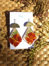 Load image into Gallery viewer, Fall Collection - French Marigold Garden statement dangles, Diamond shape, Hammered brass top, Red
