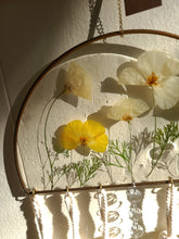 Load image into Gallery viewer, California Poppy Wall Hanging, Bronze Half Sphere, California Poppy, Macramé Tassels, Hanging Clear Crystal