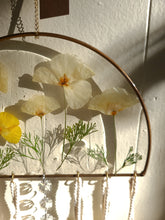Load image into Gallery viewer, California Poppy Wall Hanging, Bronze Half Sphere, California Poppy, Macramé Tassels, Hanging Clear Crystal