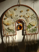 Load image into Gallery viewer, California Poppy Bronze Arch, handmade Macramé Tassels, Amber Chandelier