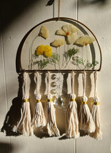 Load image into Gallery viewer, California Poppy Wall Hanging, Bronze Half Sphere, California Poppy, Macramé Tassels, Hanging Clear Crystal
