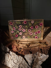Load image into Gallery viewer, Rectangular Pink Tea-Tree Blossom Clutch, resin clutch, removable golden crossbody chain, 8 inches x 4.5 inches