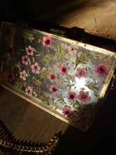 Load image into Gallery viewer, Rectangular Pink Tea-Tree Blossom Clutch, resin clutch, removable golden crossbody chain, 8 inches x 4.5 inches