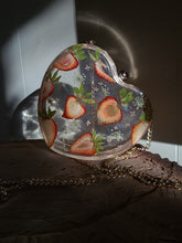 Load image into Gallery viewer, Strawberry Shortcake Heart-Shaped Clutch , resin clutch, removable golden crossbody chain, 6.25 inches x 5.5 inches