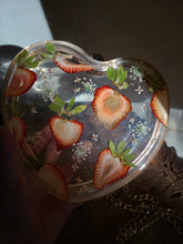 Load image into Gallery viewer, Strawberry Shortcake Heart-Shaped Clutch , resin clutch, removable golden crossbody chain, 6.25 inches x 5.5 inches