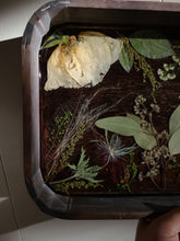 Load image into Gallery viewer, Medium Rounded edge rectangular tray, floral vanity tray, vintage styled wood tray, made with FDA food safe resin