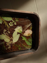Load image into Gallery viewer, Medium Rounded edge rectangular tray, floral vanity tray, vintage styled wood tray, made with FDA food safe resin