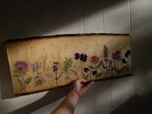 Load image into Gallery viewer, Large herbal flower charcuterie board, 23 x 9.5 inches, solid wood tray, made with FDA food safe resin