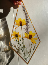 Load image into Gallery viewer, Wall Decor- Unique wooden frame, diamond shaped, real pressed flowers