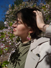 Load image into Gallery viewer, Spring Collection- Blossom dangles, natural pebble shape, brass texture top with stainless steel post