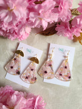 Load image into Gallery viewer, Spring Collection- Blossom dangles, statement earring, hammered brass top, freshwater pearl