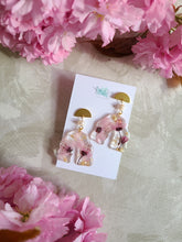 Load image into Gallery viewer, Spring Collection- Blossom dangles, scalloped arch, freshwater pearl, brass top with stainless steel posts