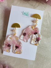 Load image into Gallery viewer, Spring Collection- Blossom dangles, scalloped arch, freshwater pearl, brass top with stainless steel posts