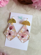 Load image into Gallery viewer, Spring Collection- Blossom dangles, diamond shaped, hammered brass top