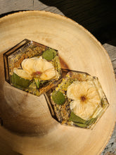 Load image into Gallery viewer, Hexagon coasters, Neutral flowers, set of 2 , real pressed flower in resin, FDA food safe resin