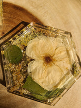 Load image into Gallery viewer, Hexagon coasters, Neutral flowers, set of 2 , real pressed flower in resin, FDA food safe resin