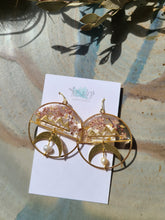 Load image into Gallery viewer, Mountain collection-Moon hoops, small white Alyssum flowers, real pressed flower in resin, hammered brass
