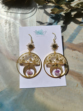 Load image into Gallery viewer, Mountain collection-Moon hoops, small white Alyssum flowers, real pressed flower in resin, hammered brass