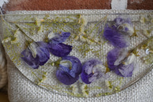 Load image into Gallery viewer, Sweet Pea Botanical crossbody bag, 8.25 inches x 6.25 inches daily bag, adjustable/removable straps, magnetic closure, pressed flower in resin, lightweight daily bag