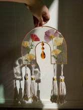 Load image into Gallery viewer, California Poppy wood Arch, handmade Macramé Tassels, Amber Chandelier

