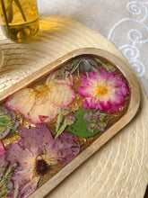 Load image into Gallery viewer, Oval Wooden Vintage Rose Vanity Tray, 12 inches x 5 inches, real pressed flower in resin, FDA food safe resin
