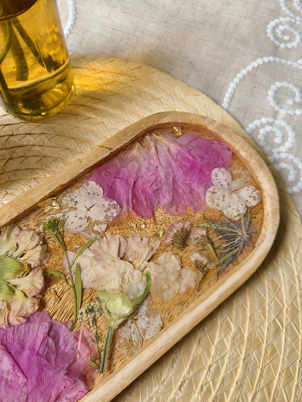Oval Wooden Vintage Peony Vanity Tray, 12 inches x 5 inches, real pressed flower in resin, FDA food safe resin