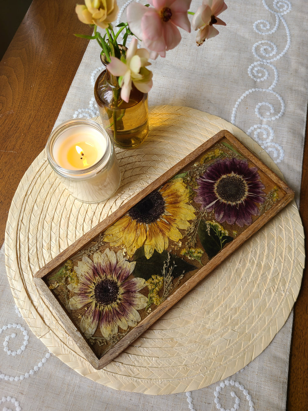 Wooden Vintage Sunflower Vanity Tray, 12 inches x 5 inches, real pressed flower in resin, FDA food safe resin