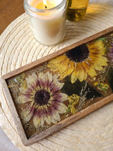 Load image into Gallery viewer, Wooden Vintage Sunflower Vanity Tray, 12 inches x 5 inches, real pressed flower in resin, FDA food safe resin
