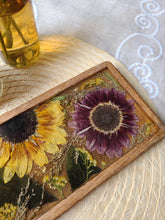 Load image into Gallery viewer, Wooden Vintage Sunflower Vanity Tray, 12 inches x 5 inches, real pressed flower in resin, FDA food safe resin
