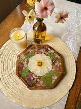 Load image into Gallery viewer, Small  Wooden Floral Centerpiece Vanity Tray, 8 inch geometric tray, real pressed flower in resin, FDA food safe resin
