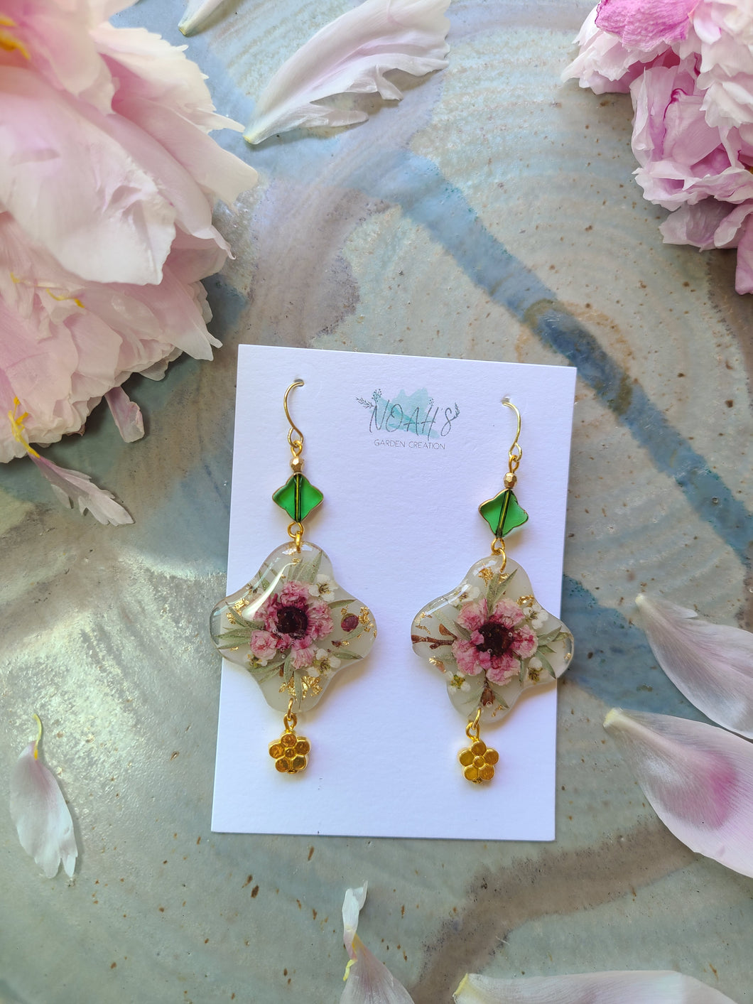 Flower Tile Collection- Vintage Green Glass Bead, Opaque Jade Earrings