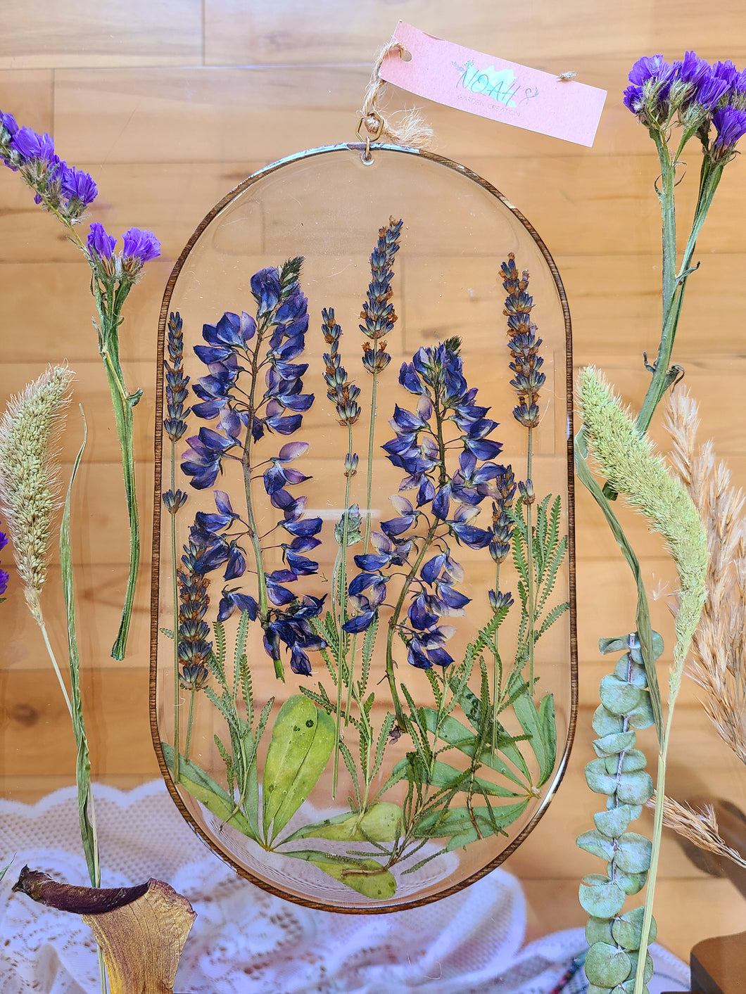 Wall Decor- Unique wooden frame, Large capsule shaped, Lupine & lavender