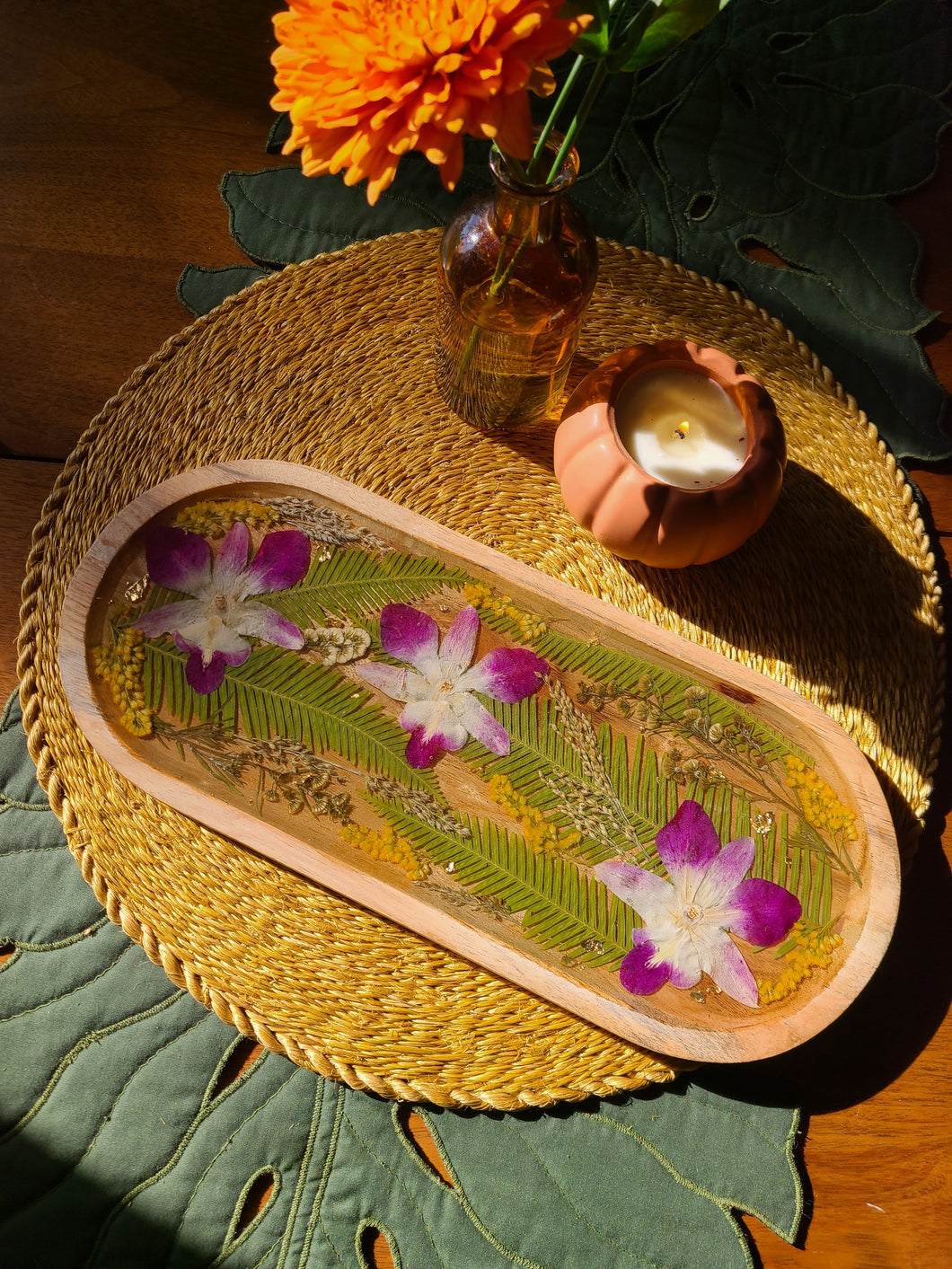 Large Oval Wooden Vintage Orchid Flower Vanity Tray, 14inches x 6 inches, real pressed flower in resin, FDA food safe resin