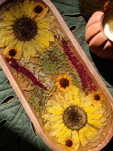 Load image into Gallery viewer, Large Oval Wooden Vintage Sunflower Vanity Tray, 14inches x 6 inches, real pressed flower in resin, FDA food safe resin
