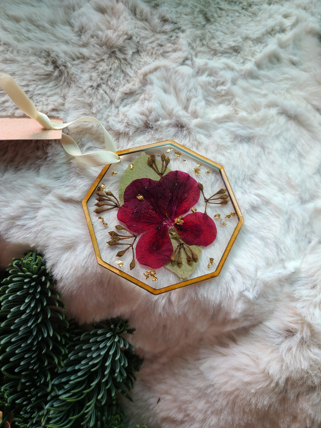 Holiday Ornament- geometric shapes with pressed flowers