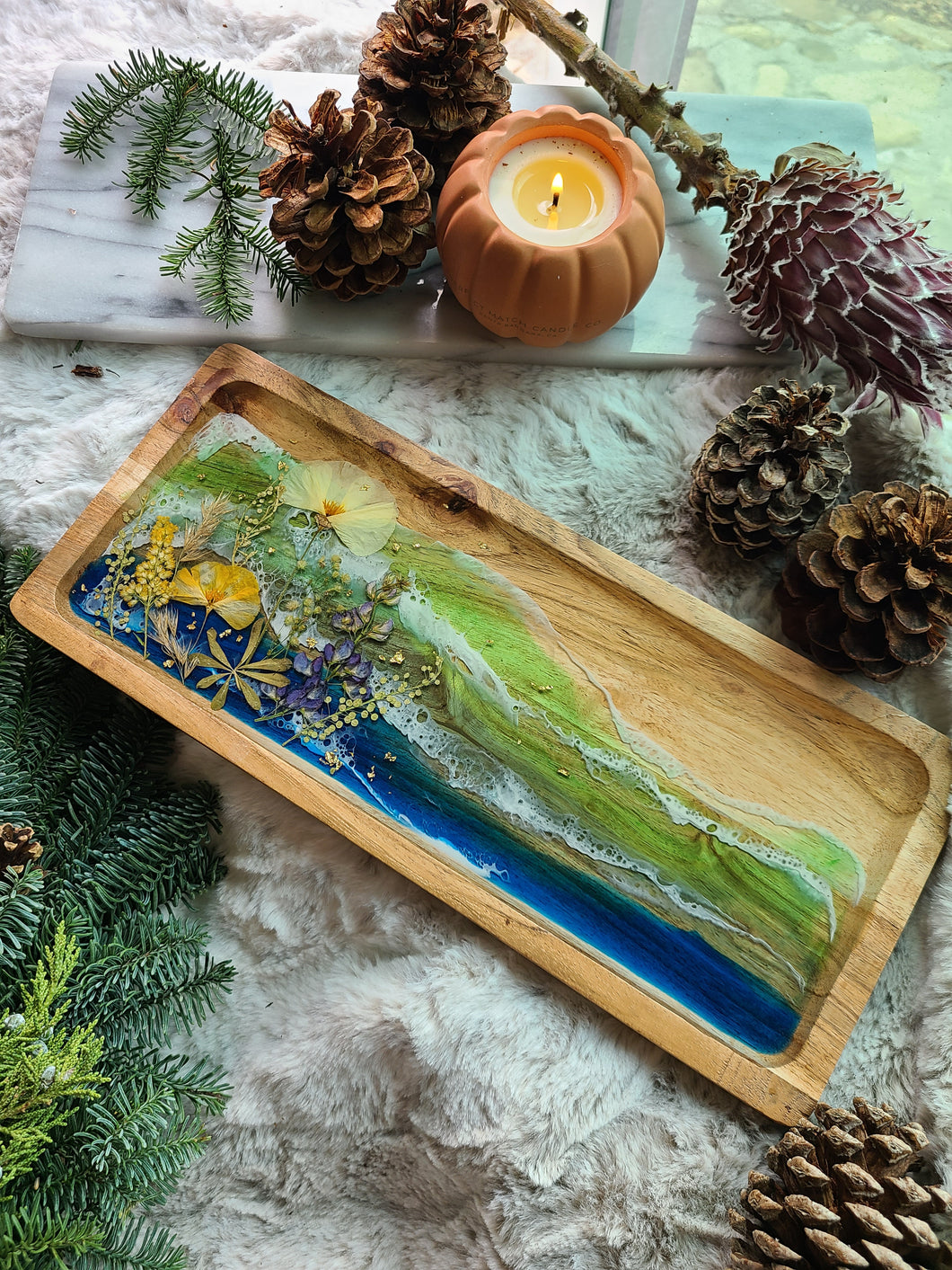 Large Rectangle Wooden California Coast Vanity Tray, 14inches x 6 inches, real pressed flower in resin, FDA food safe resin