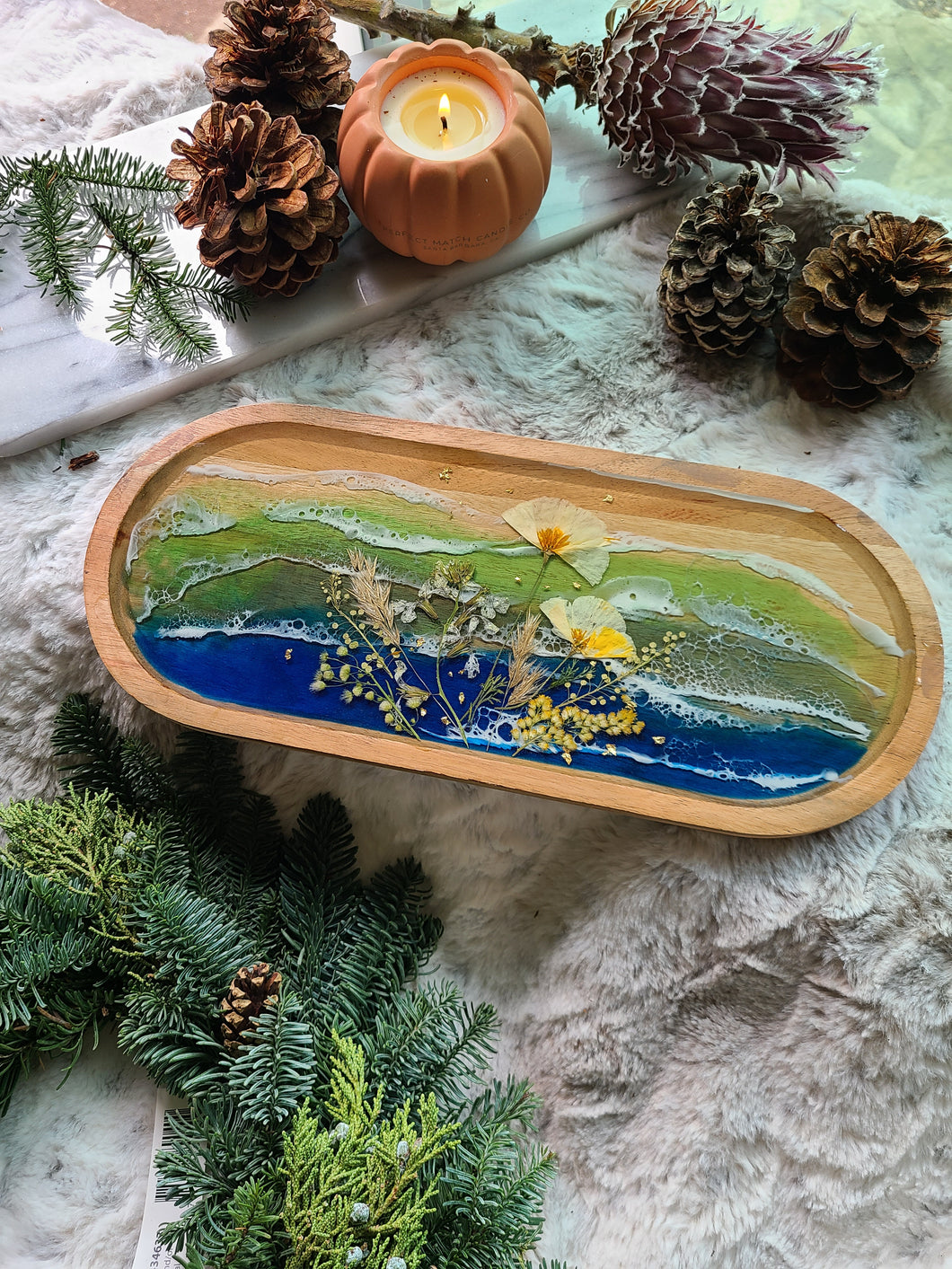 Large Oval Wooden California Coast Poppy Vanity Tray, 14inches x 6 inches, real pressed flower in resin, FDA food safe resin