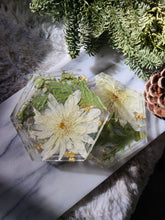 Load image into Gallery viewer, Hexagon coasters, white chrysanthemum, set of 2 , real pressed flower in resin, FDA food safe resin
