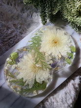 Load image into Gallery viewer, Round coasters, white chrysanthemum, Gold Specs, set of 2 , real pressed flower in resin, FDA food safe resin
