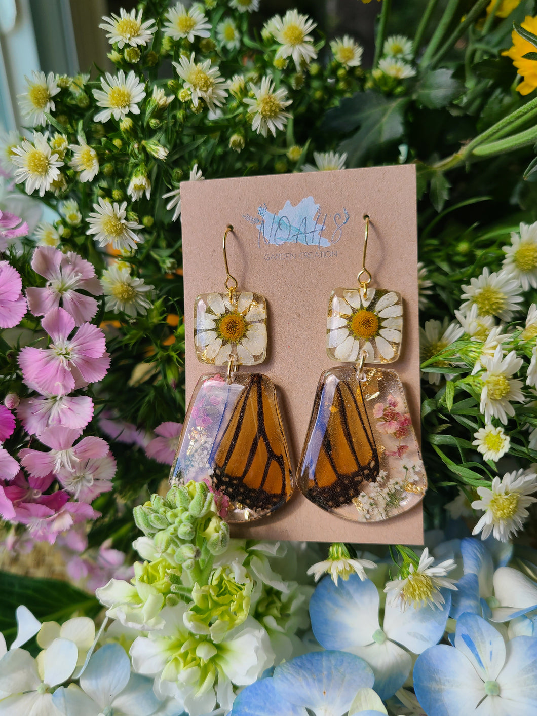 Spring Butterfly Collection- embedded Monarch Wings in resin and pink Yarrows
