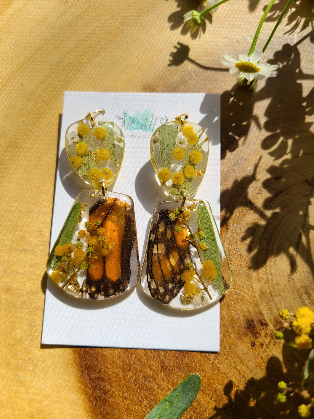 Spring Butterfly Collection- embedded Monarch Wings in resin with wattle flowers and eucalyptus