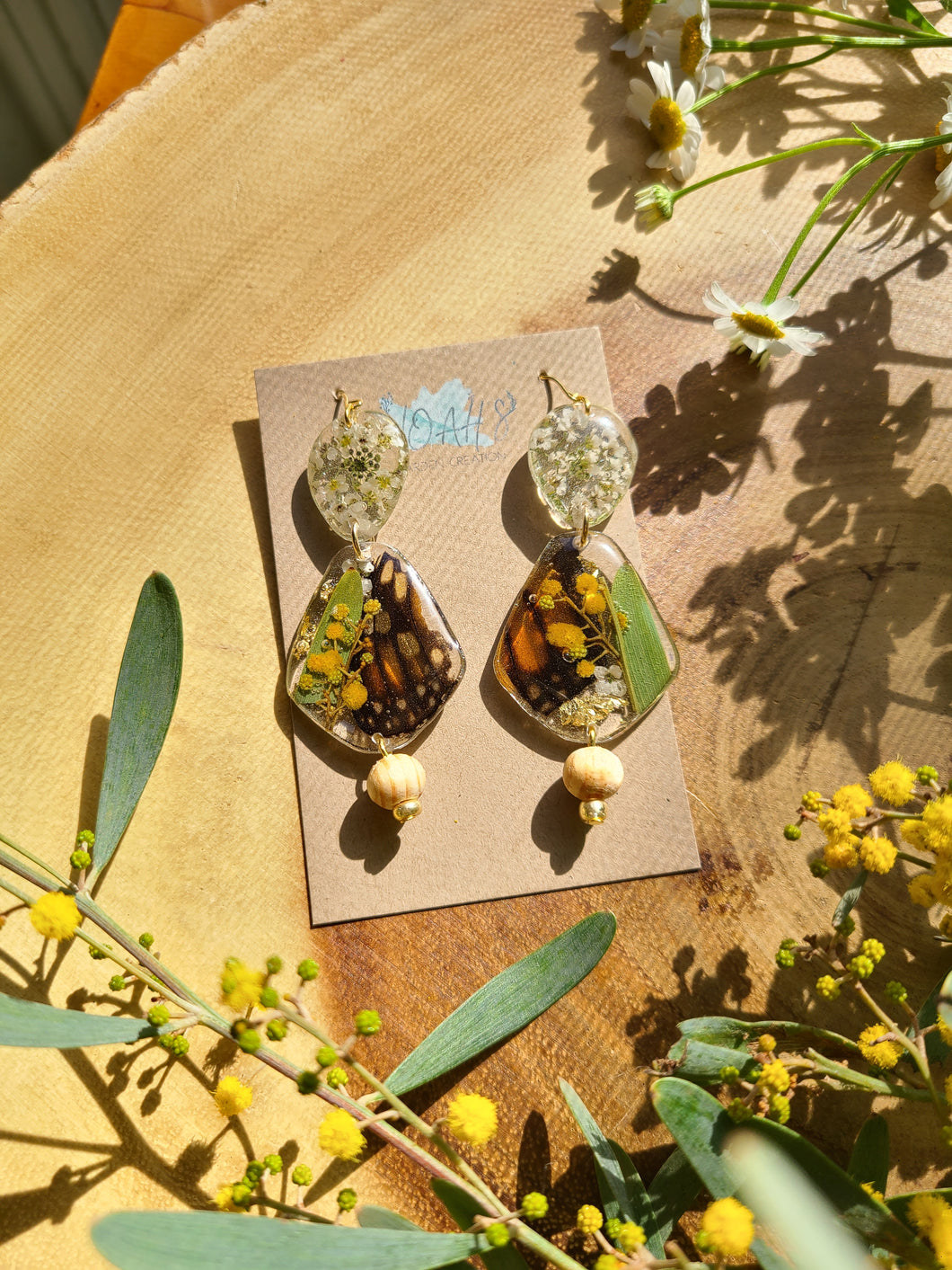 Spring Butterfly Collection- embedded Monarch Wings in resin, small tear drop shaped, wooden beads